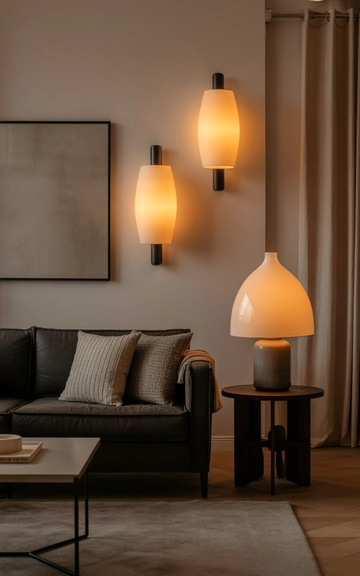 Soft accent lighting highlighting the grey couch
