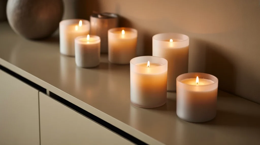 “Minimal Christmas candles in ceramic jars placed in a modern entryway setting”