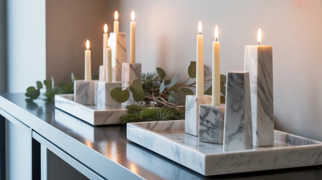 “Marble and stone décor accents styled for a luxury modern Christmas entryway look”