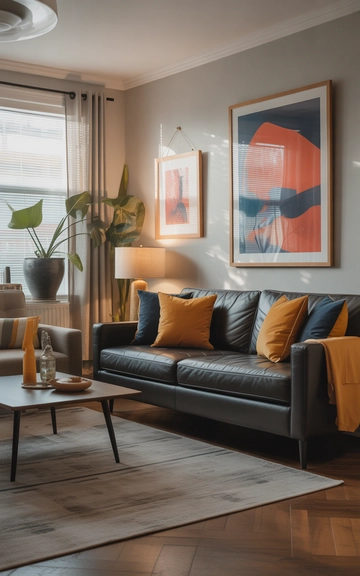 Dark grey couch with bold accent colors