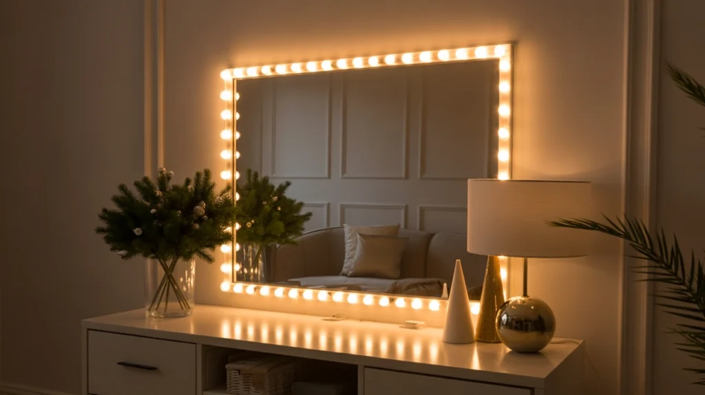 Warm LED light strips creating a soft glow in a modern Christmas entryway”