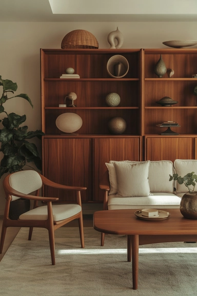 Cozy Mid-Century Modern Living Room Decor Ideas With Natural Wood