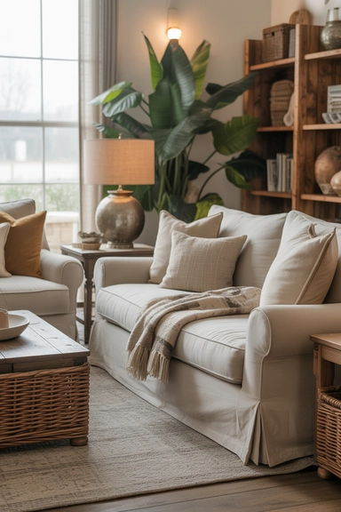 2. Cozy farmhouse living room seating that prioritizes comfort and ease