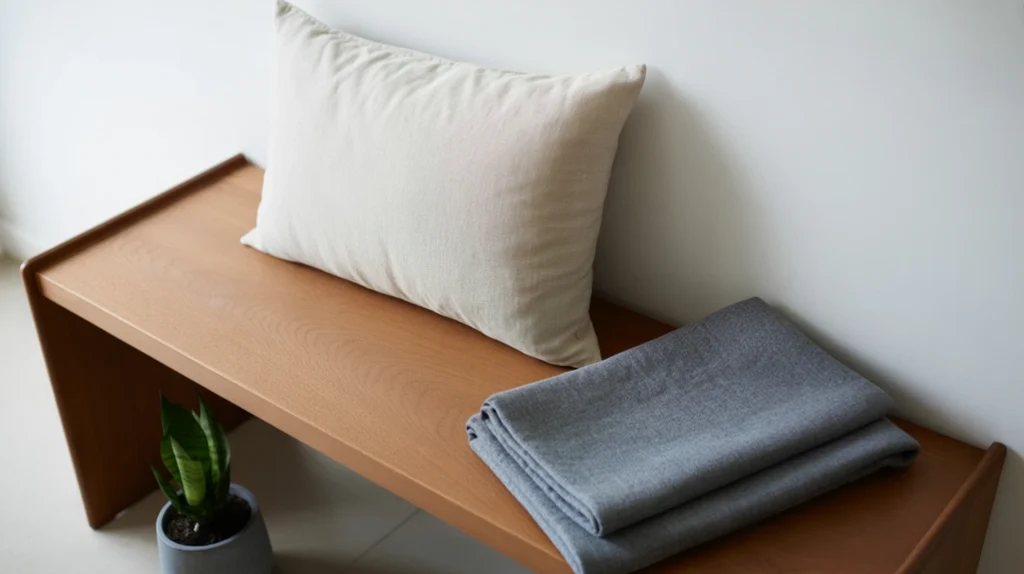 Modern entryway bench with simple holiday styling and neutral Christmas decor”