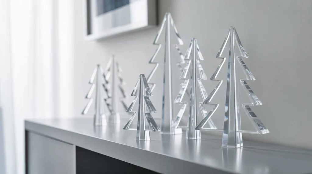 “Acrylic and glass Christmas trees adding a clean modern touch to entryway decor”