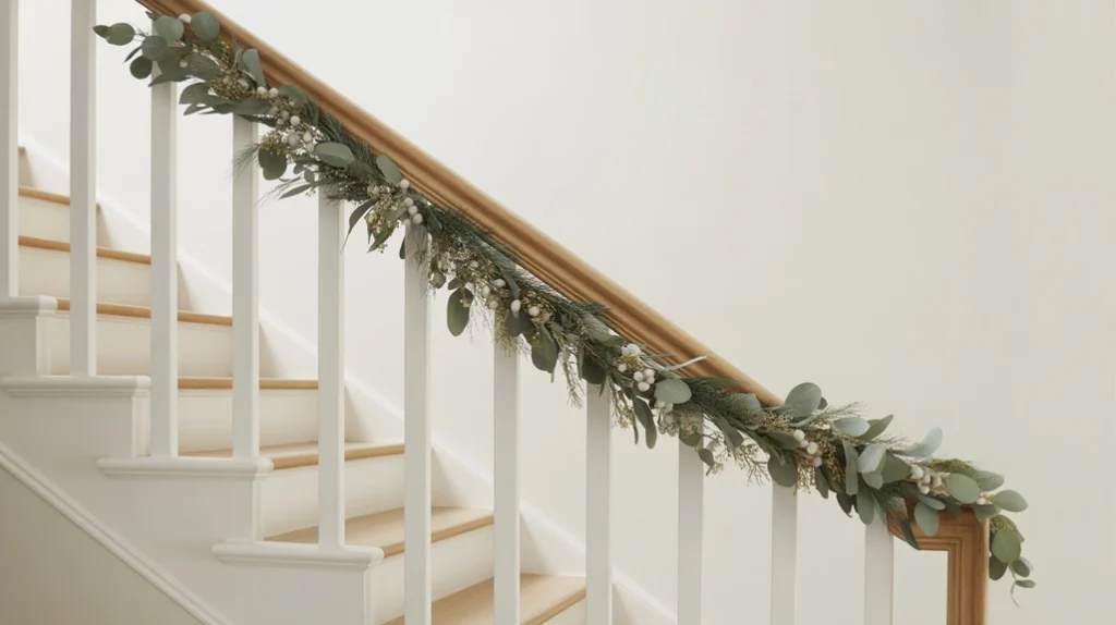 Minimal garland draped over a staircase railing in a modern Christmas entryway”