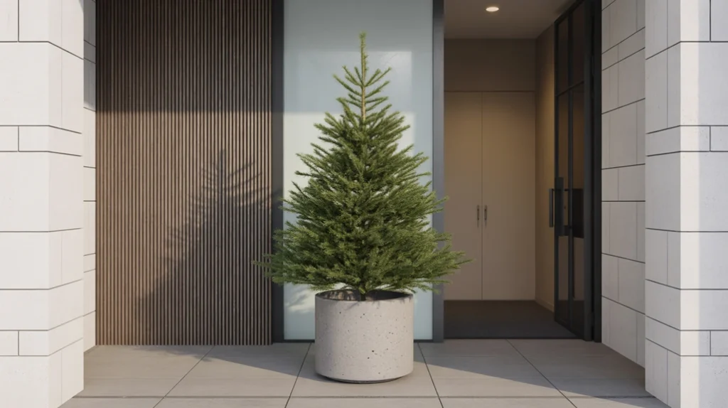 “Mini Christmas tree in a concrete planter for sleek modern entryway styling”