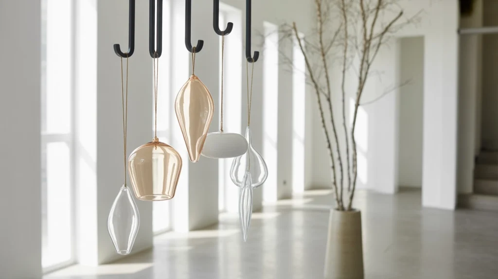 “Hanging minimal ornaments adding a subtle modern holiday accent to the entryway”