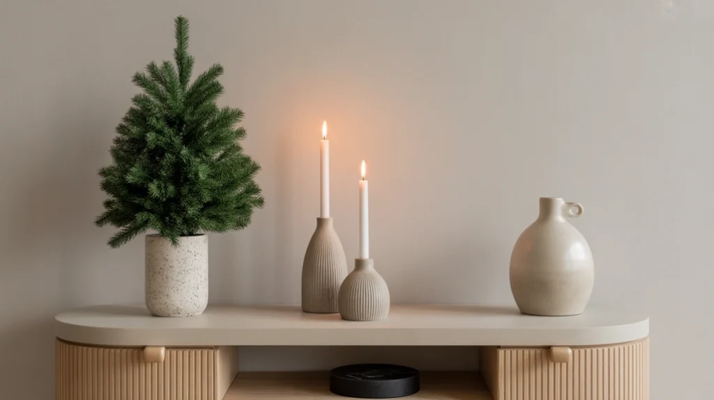“Modern console table decorated with minimal holiday accents in a stylish entryway”