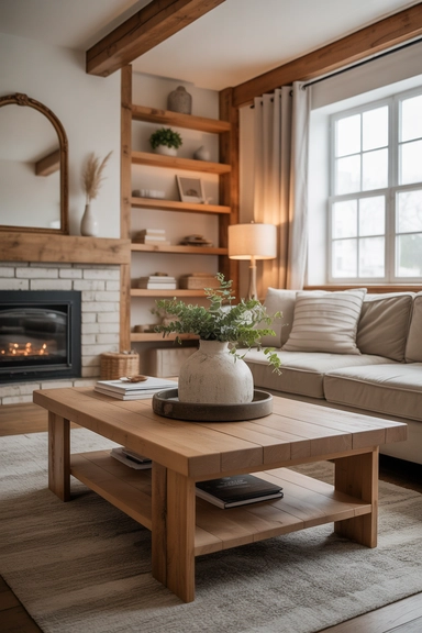 Cozy farmhouse living room wood elements that ground the space naturally