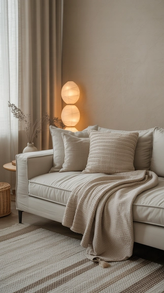 Layer soft textiles to enhance the warm minimal mood
