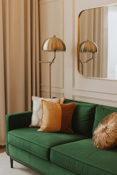 Style your green couch with layered neutral pillow