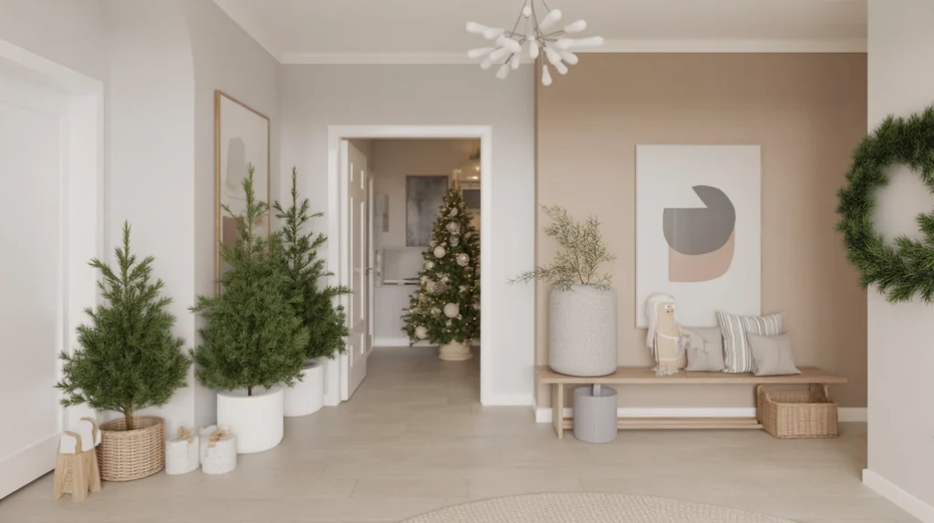 “Neutral color palette used to create a clean and modern Christmas entryway look”