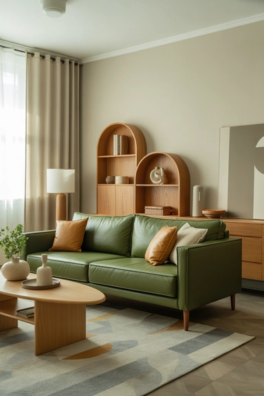 Combine a green couch with natural wood furniture
