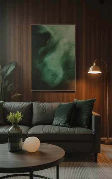 Deep green accents paired with the grey couch