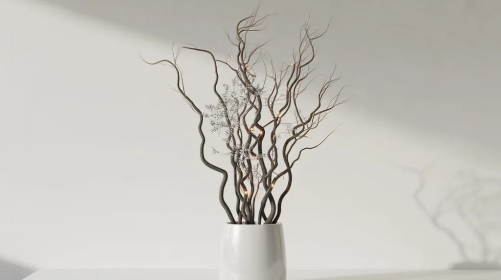 “Sculptural branches in a tall vase for minimal modern Christmas entryway styling”