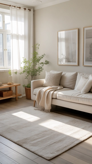 Choose a light, airy rug to soften the living room