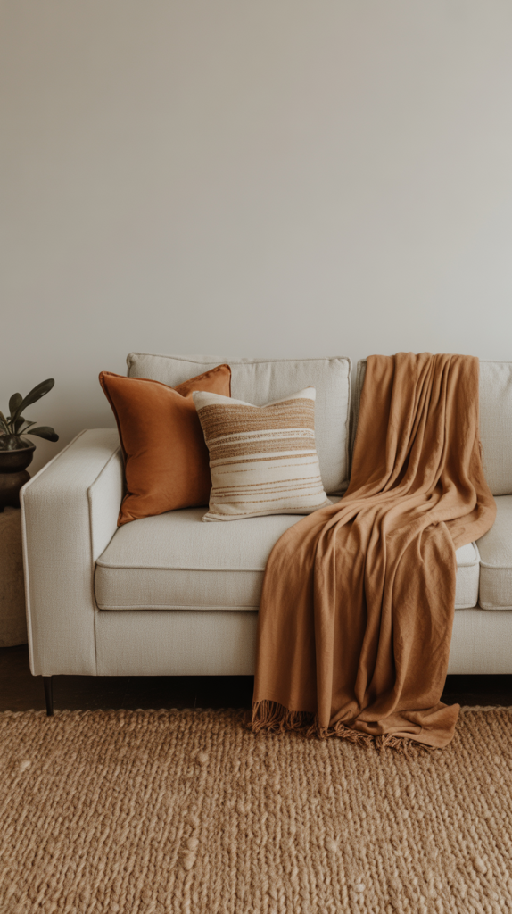 5. Layer earthy textiles to soften modern structure