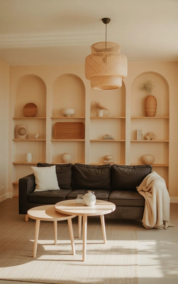 Light wood furniture balancing the grey couch