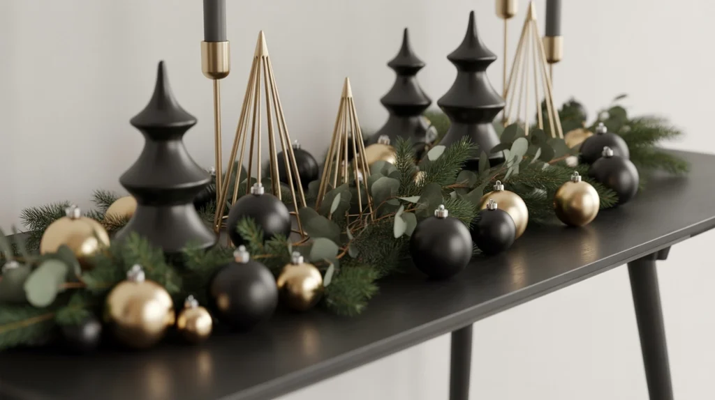 “Black and gold Christmas accents adding a sleek look to a modern entryway”