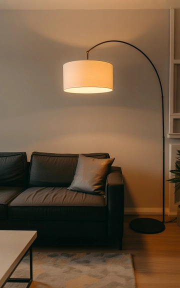 Sculptural lighting elevating the grey couch
