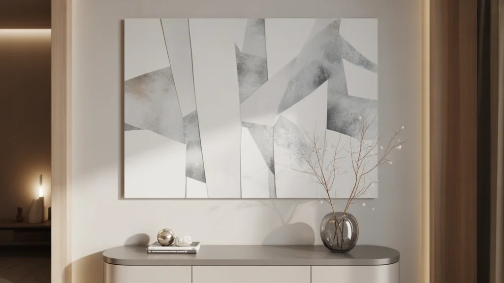“Modern wall art with subtle winter themes for contemporary Christmas entryway decor”