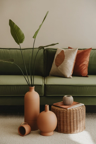 Pair your green couch with earthy décor for natural depth