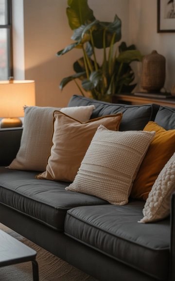 Textured pillows softening the grey couch
