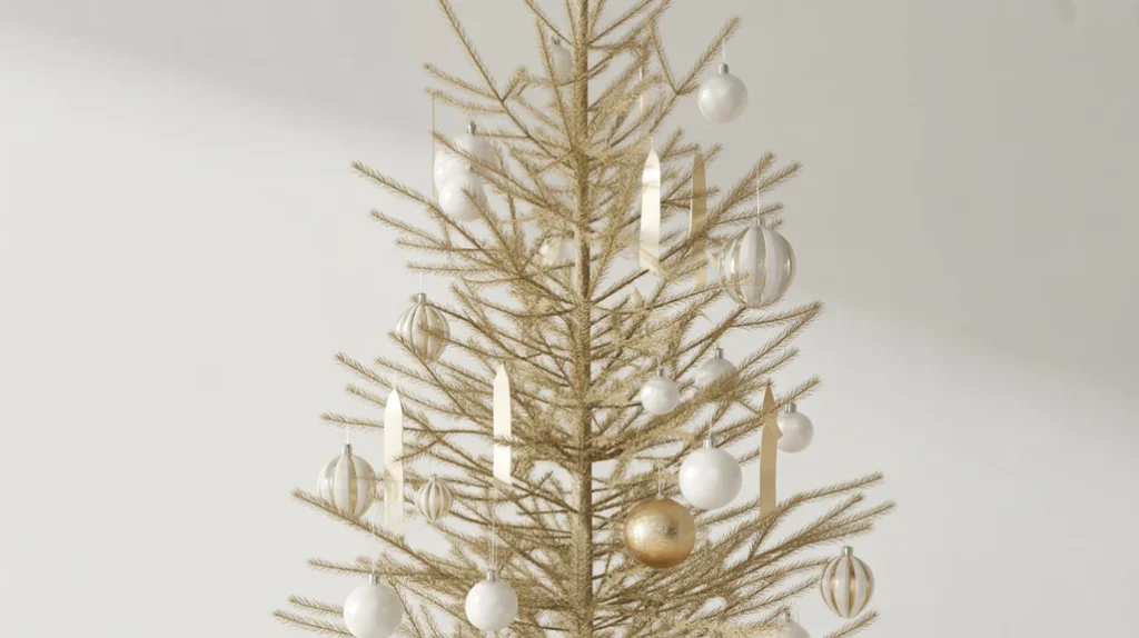 “Slim minimal Christmas tree placed in a modern entryway with neutral ornaments”
