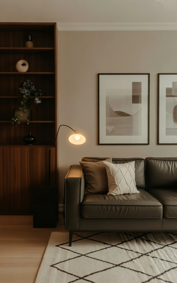 Patterned rug grounding the dark grey couch