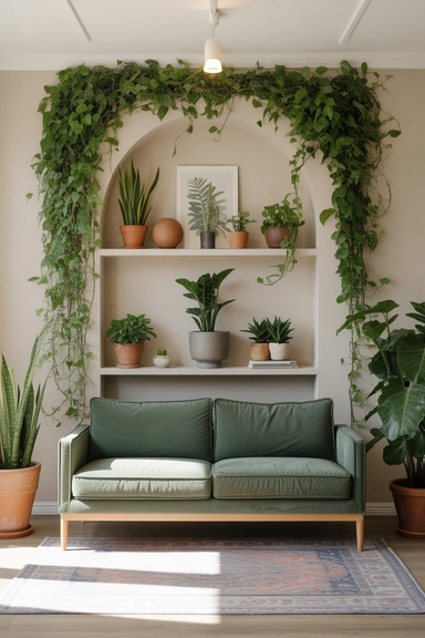 Use patterned rugs to anchor your green couch