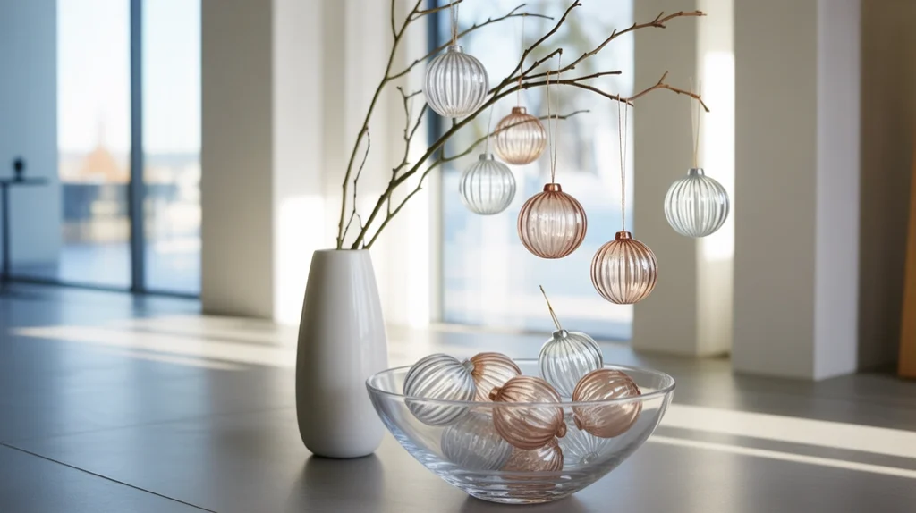 “Clear glass ornaments adding a sleek and airy holiday touch to a modern entryway”