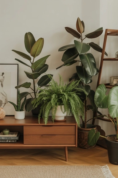 Cozy Mid-Century Modern Living Room Decor Ideas With Indoor Plants