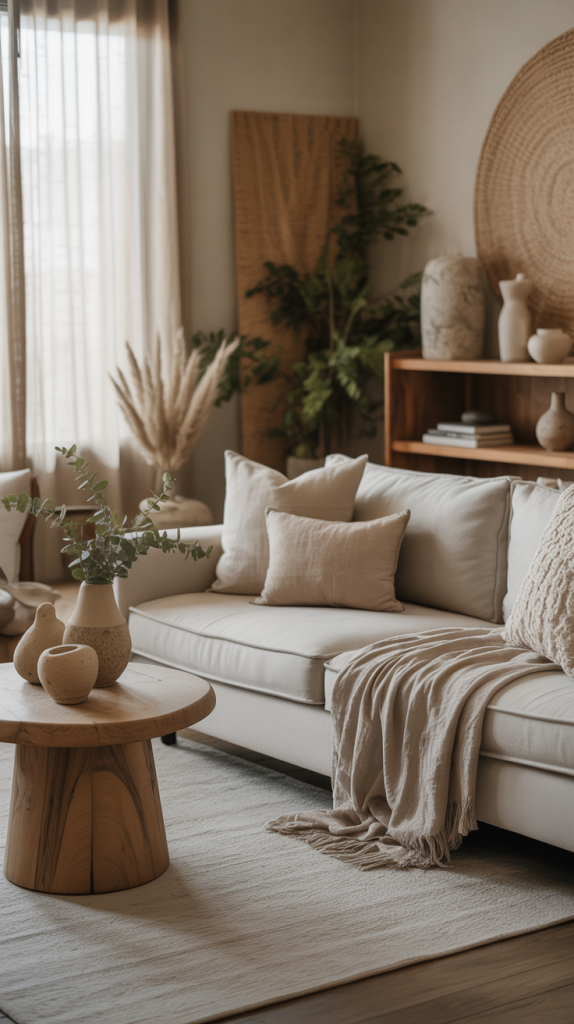 A beautifully styled earthy modern living room with a muted neutral color palette.