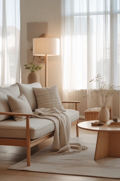 cozy Scandinavian interior with light wood furniture