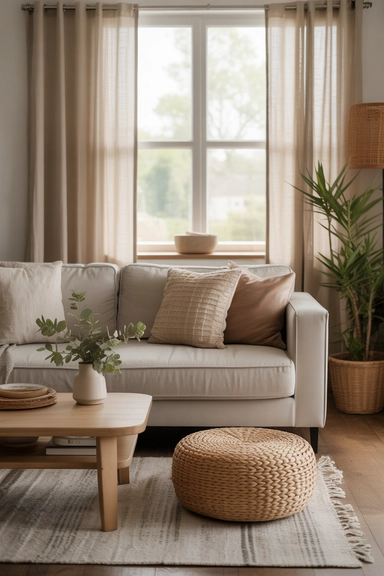 cozy modern boho living room styled with a neutral sofa