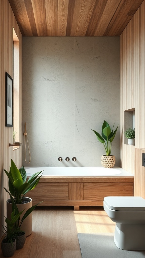 A zen bathroom featuring wooden accents, plants, and natural light.