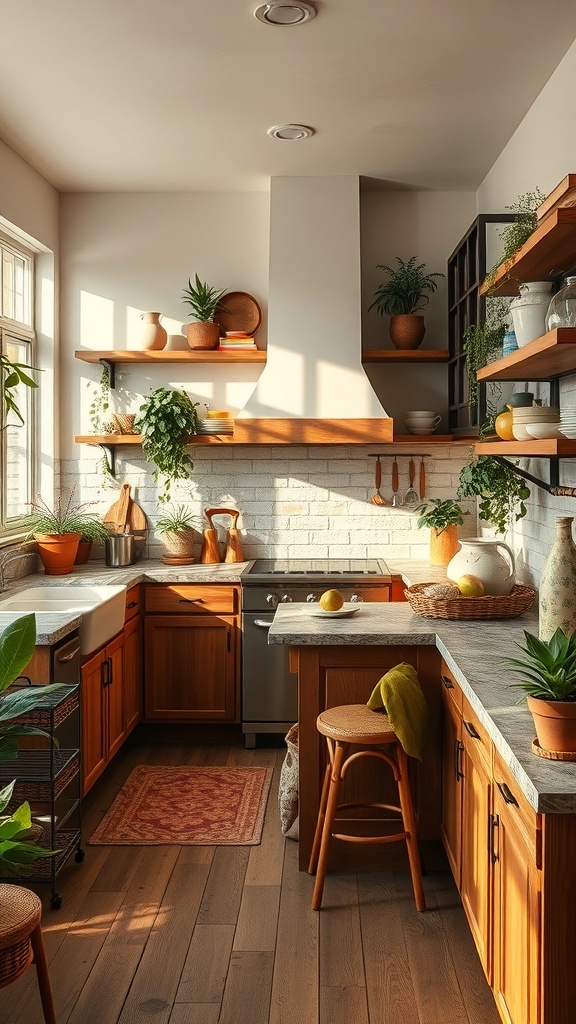 Cozy boho kitchen with wooden cabinets, open shelving, and plants.