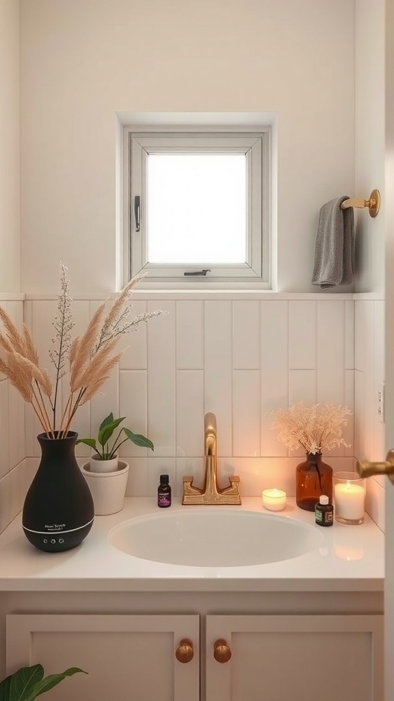 A serene bathroom setup featuring a diffuser, candles, and plants.