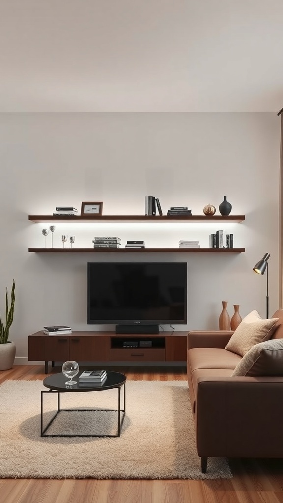 Living room with floating shelves and LED lighting above a TV, featuring decorative items and a cozy couch.