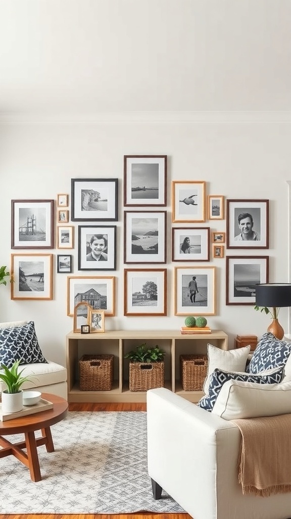 A cozy living room featuring a farmhouse style gallery wall with framed photos in various sizes, complemented by a stylish seating area.