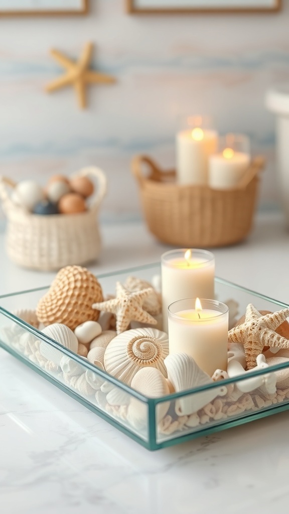 A glass tray filled with decorative shells and candles, showcasing a coastal theme.