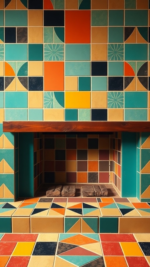 A fireplace adorned with bold geometric tiles in various colors and shapes.
