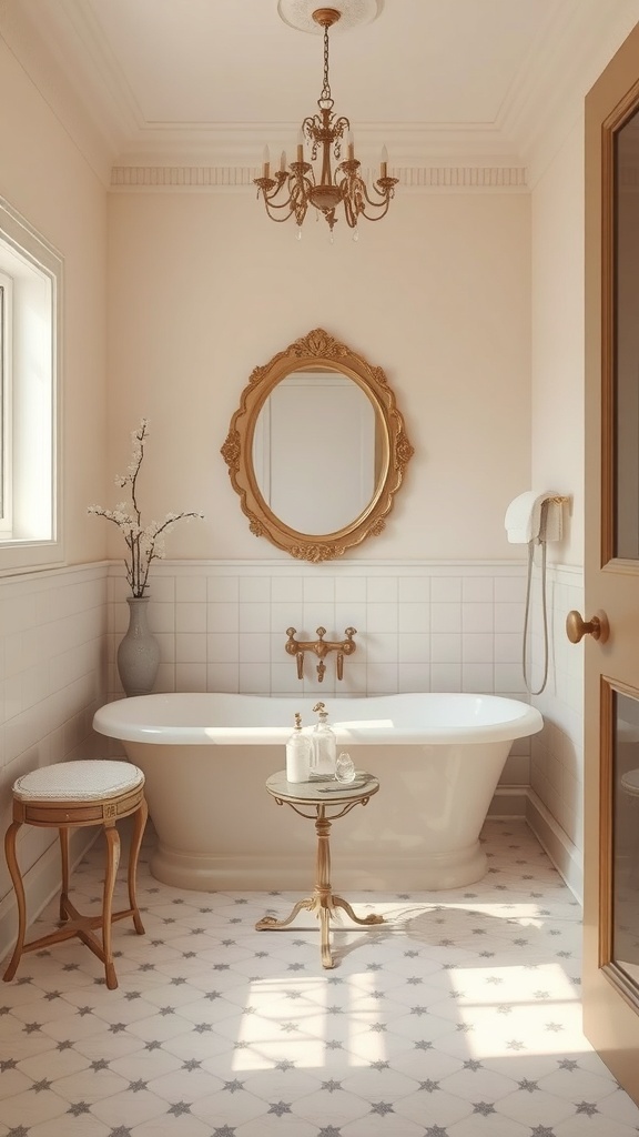 A stylish bathroom with soft cream walls, a luxurious bathtub, and elegant decor.
