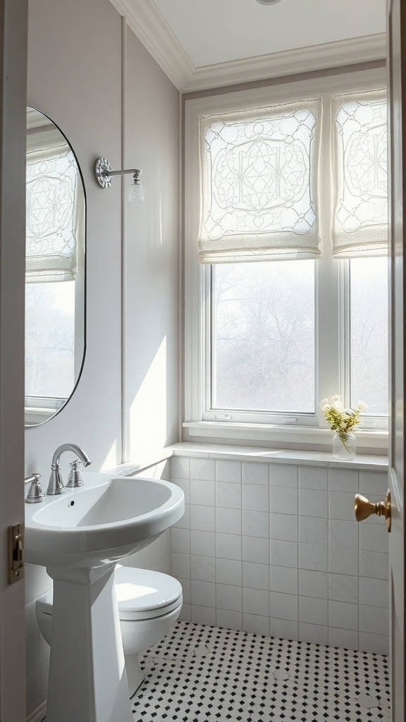 A bathroom with a round mirror above a sink and sheer window treatments, creating a bright and inviting space.