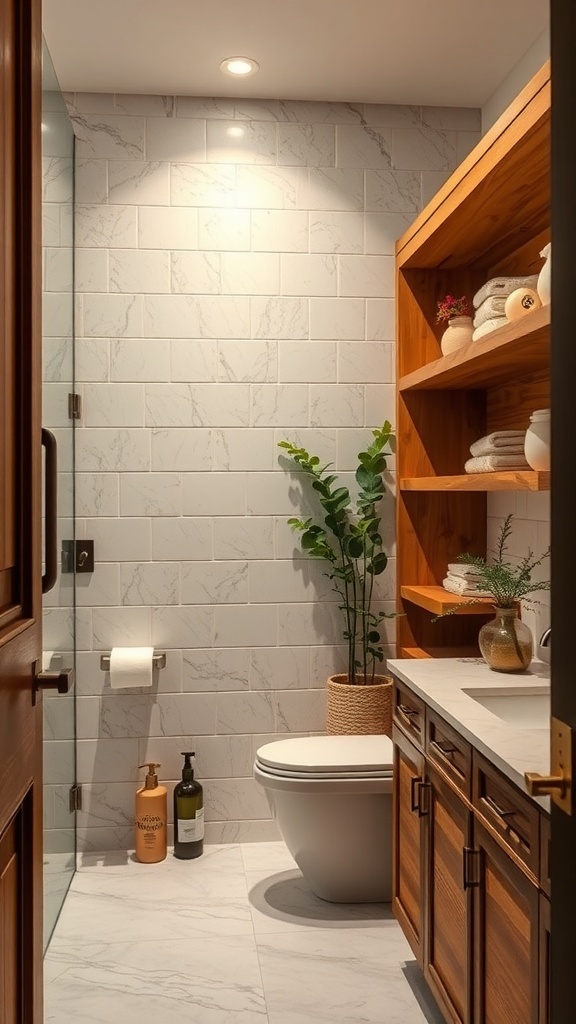 A cozy bathroom featuring natural wood elements, including wooden shelves and cabinetry, complemented by light marble tiles.