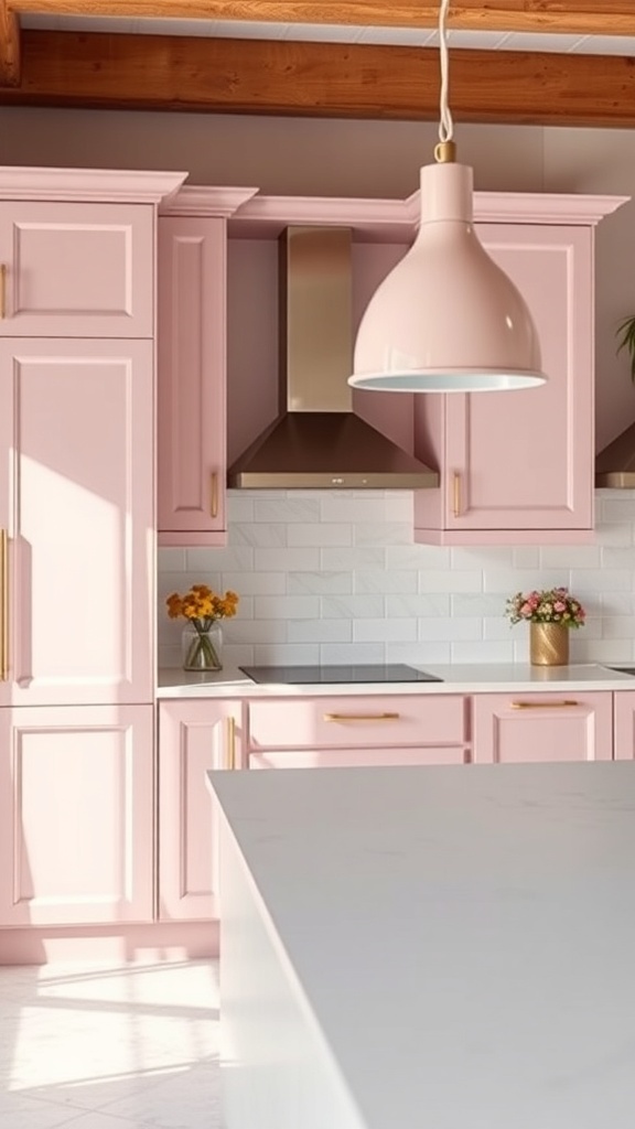 A modern kitchen featuring pale pink cabinets and a pale pink pendant light, creating a cozy and stylish atmosphere.