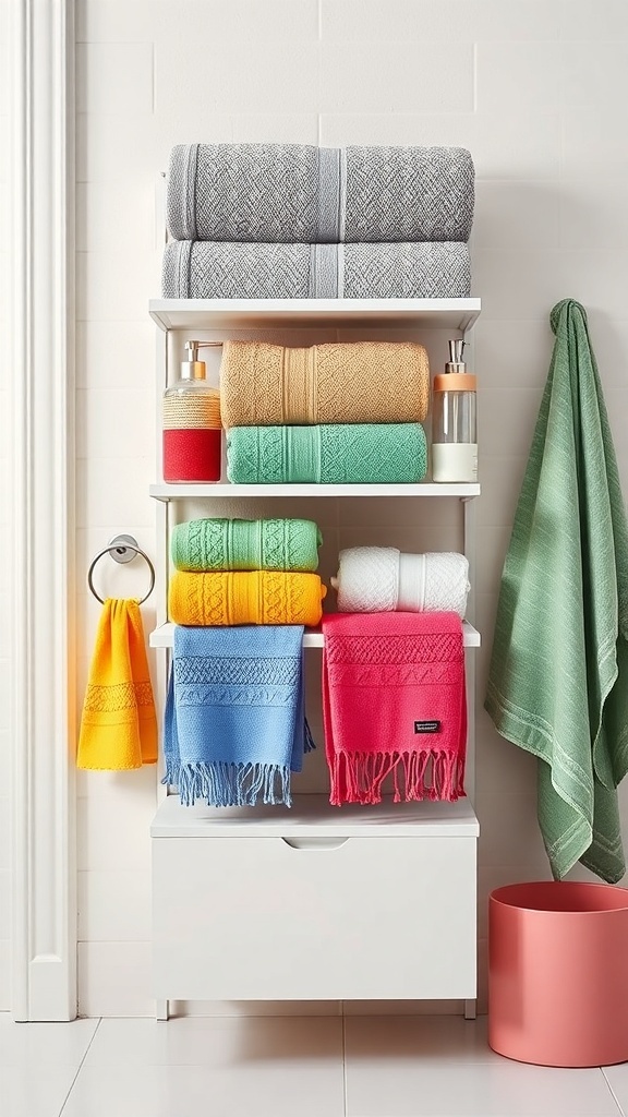 A bathroom shelf displaying colorful towels and accessories, including green, pink, blue, and yellow towels, along with decorative bottles and a pink trash can.