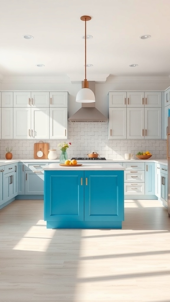 A modern kitchen featuring a bright blue island and light blue cabinets with white accents.