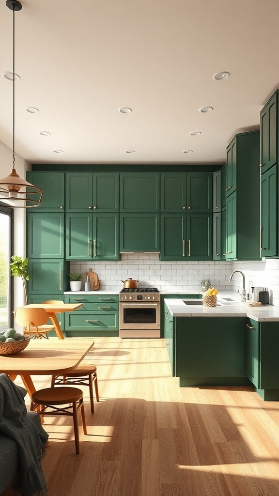 Modern kitchen featuring dark green cabinets, wooden dining table, and bright countertops